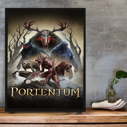 Portentum Box Art poster in a black frame on a wooden shelf against concrete