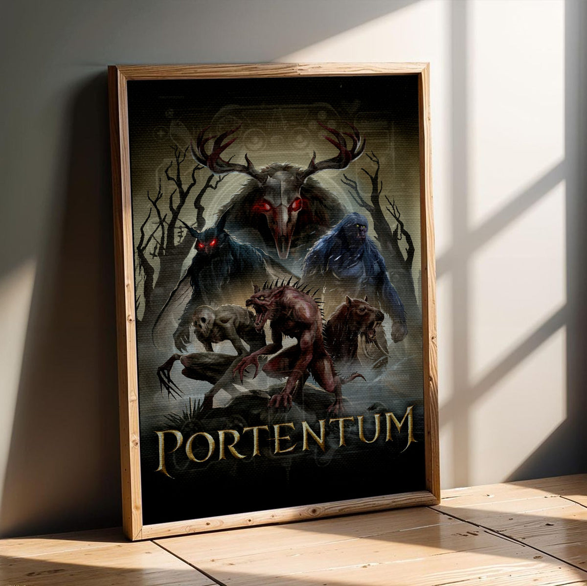 Portentum Box Art poster in an oak frame leaning on a wooden floor