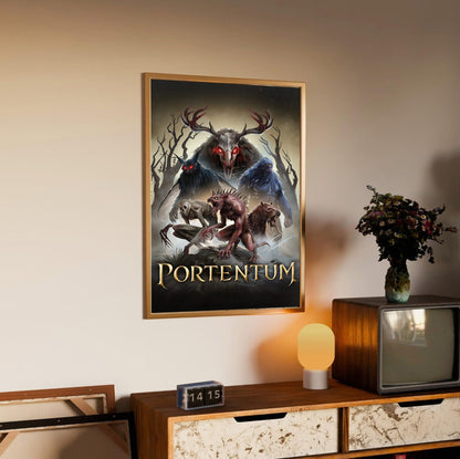 Portentum Box Art poster in an oak frame above a sideboard