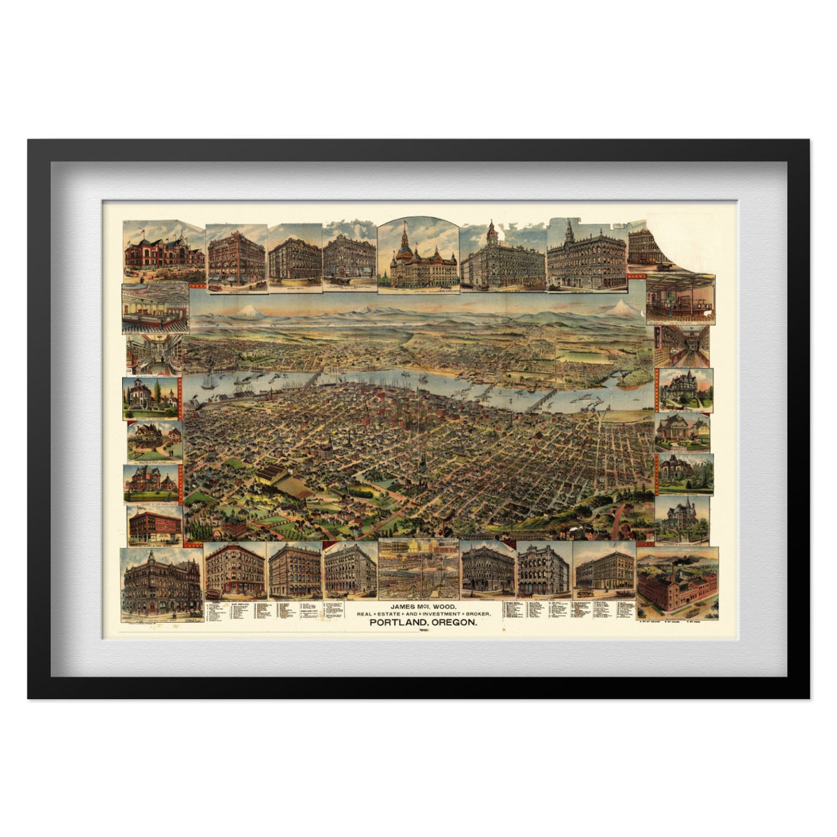Portland 1890 Panoramic Map print in a black frame