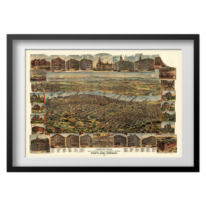 Portland 1890 Panoramic Map print in a black frame