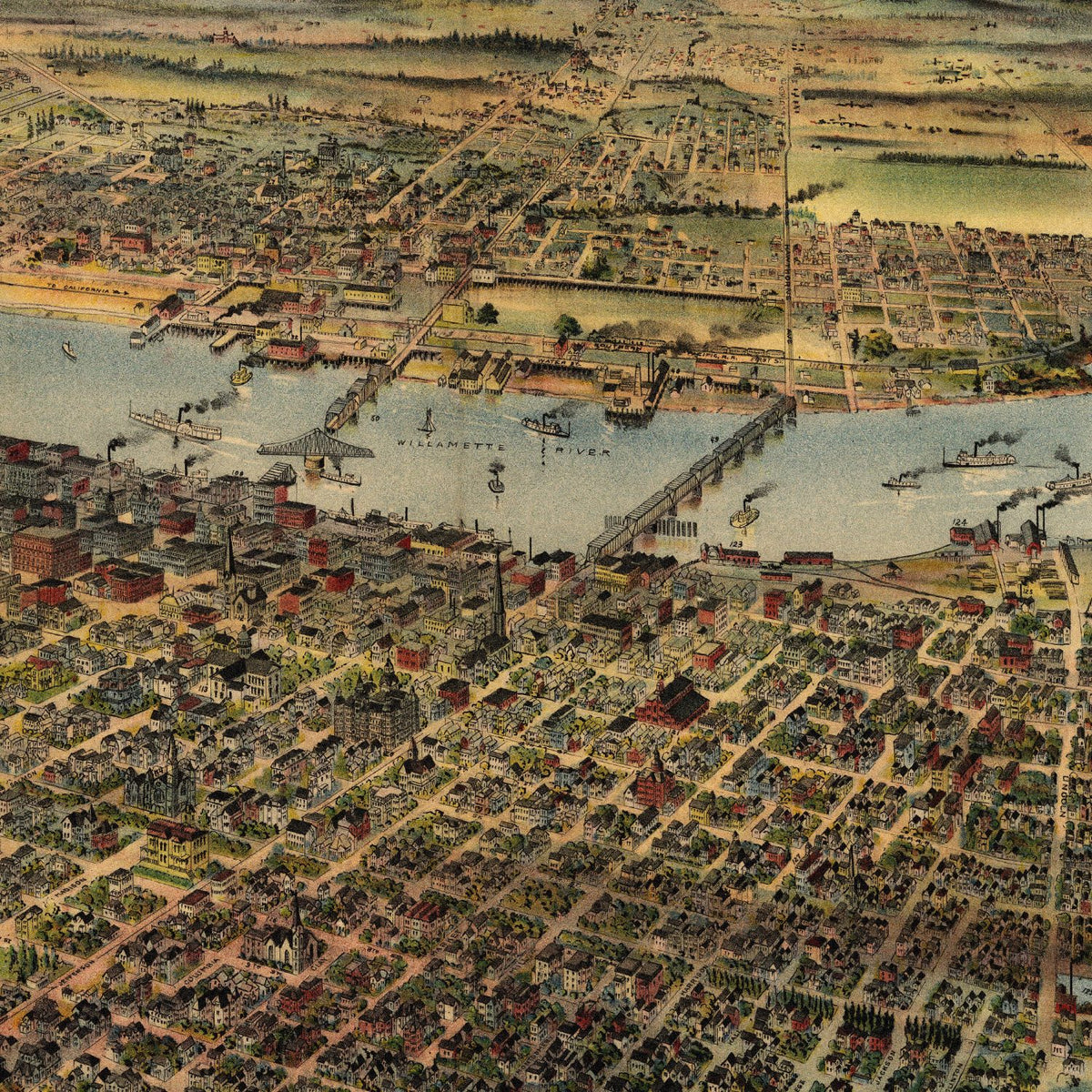 Close-up detail of the Portland 1890 Panoramic Map print