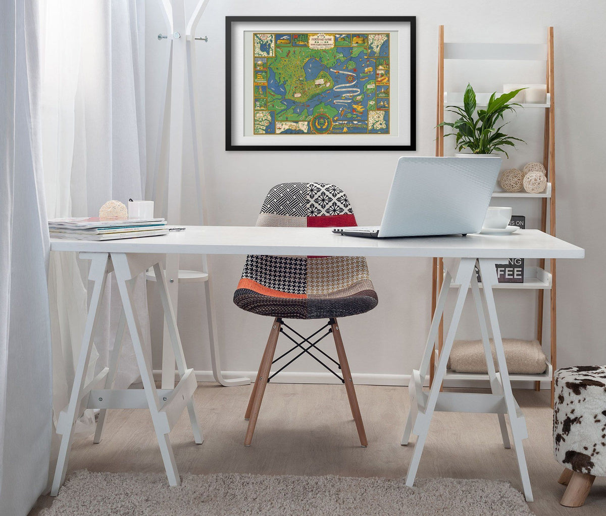 Portland Maine 1920s Pictorial Map print framed above a white desk in a home office