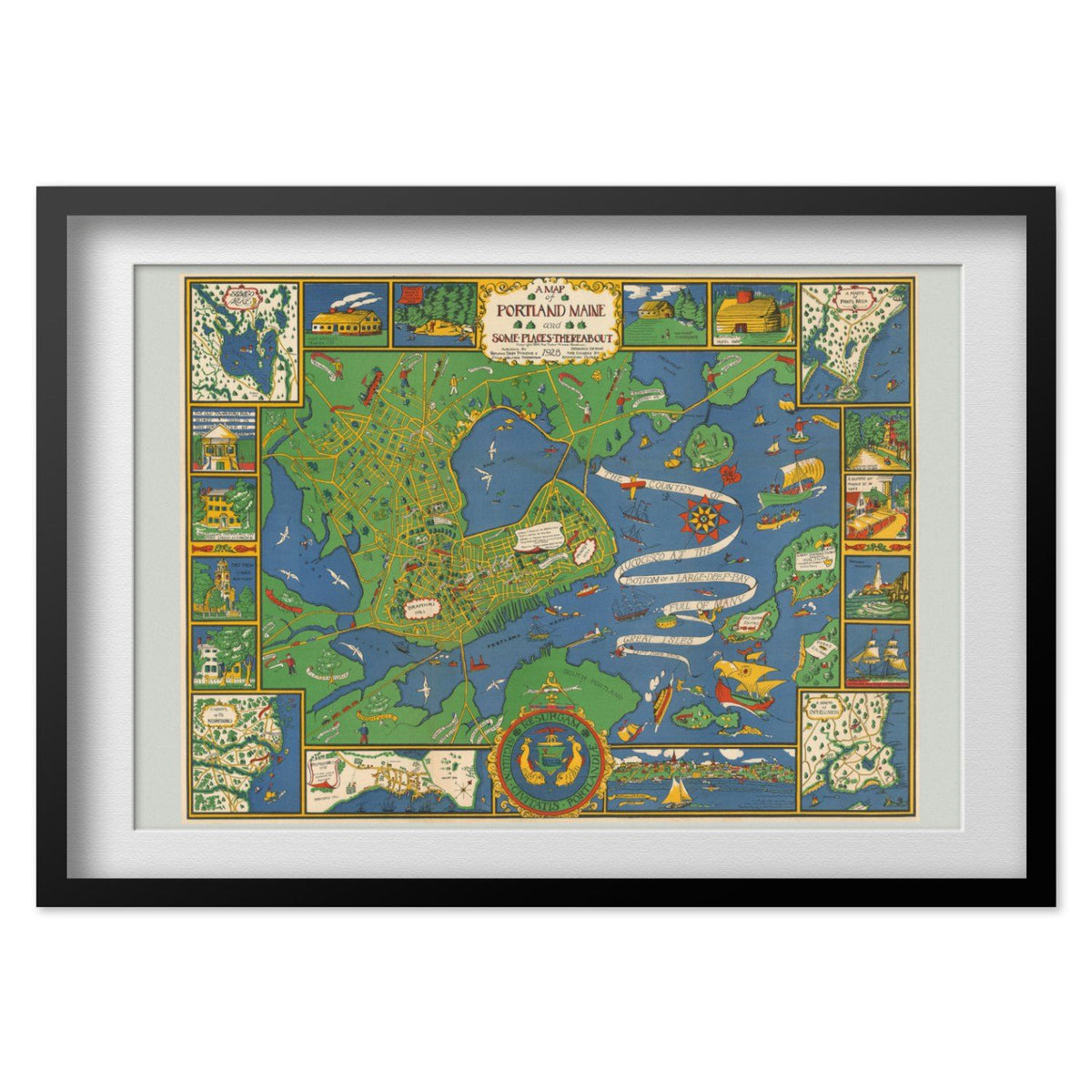 Portland Maine 1920s Pictorial Map print in a black frame with a white mat