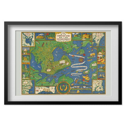 Portland Maine 1920s Pictorial Map print in a black frame with a white mat