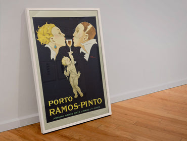 Porto Ramos-Pinto poster in a white frame leaning against a wall