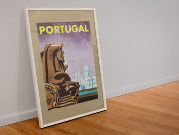 Portugal Fly TWA poster in a white frame leaning against a wall