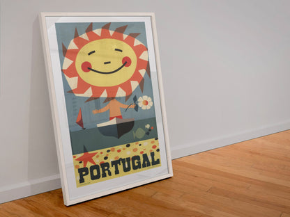 Portugal Smiling Sun poster in a white frame leaning against a wall