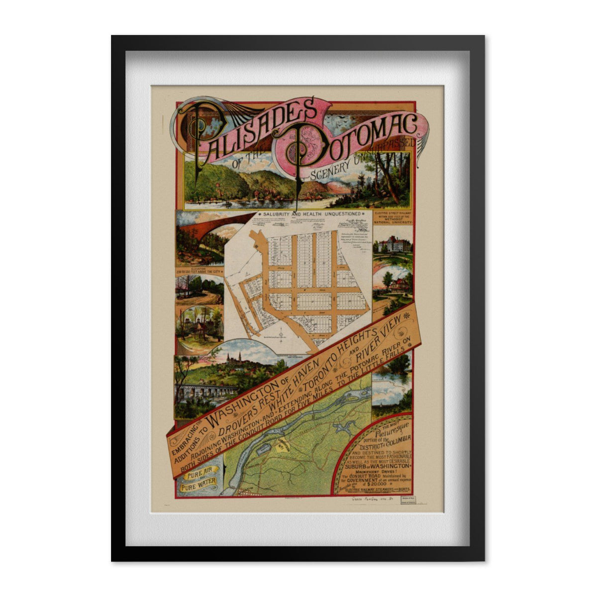 Potomac Palisades 1890 Map print in a black frame with a white mat