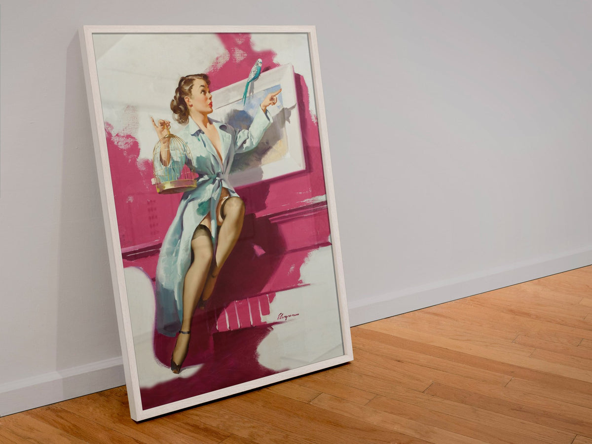 Pretty Cagey by Gil Elvgren, pin-up poster — leaning frame
