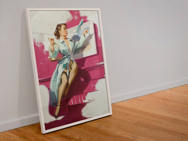 Pretty Cagey by Gil Elvgren, pin-up poster — leaning frame