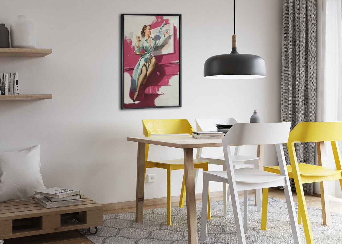Pretty Cagey by Gil Elvgren, pin-up poster — dining room