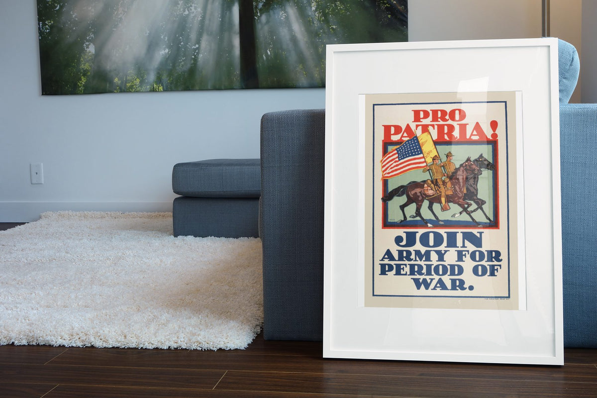 Pro Patria Join the Army poster leaning beside a blue sofa