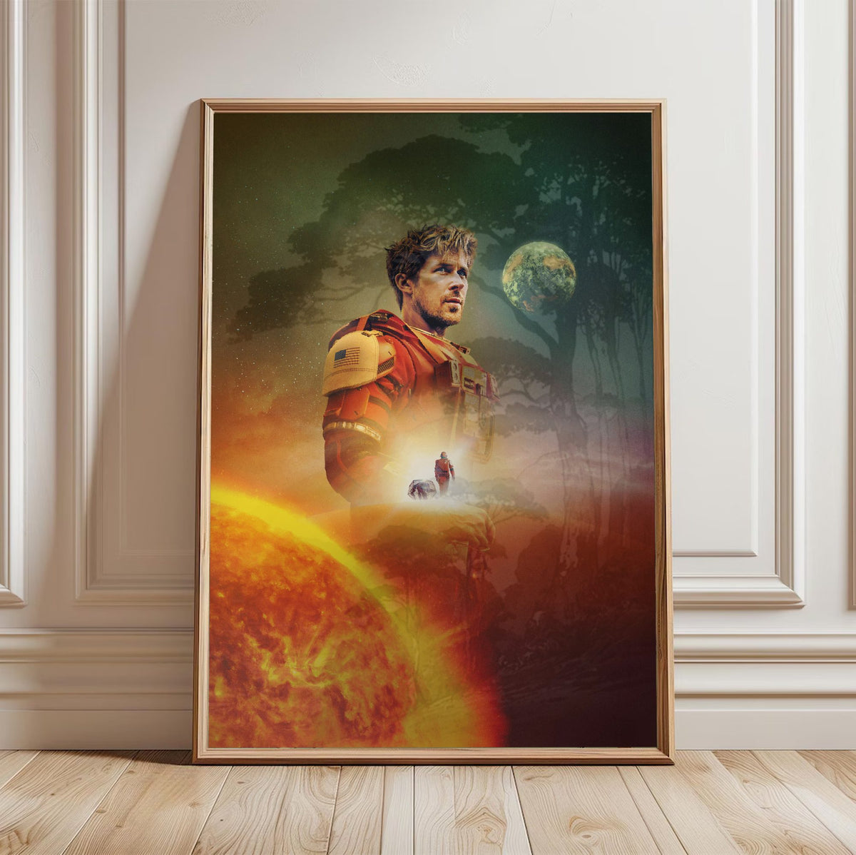Project Hail Mary (2026) Movie Key Art poster in a light oak frame leaning against a white wall