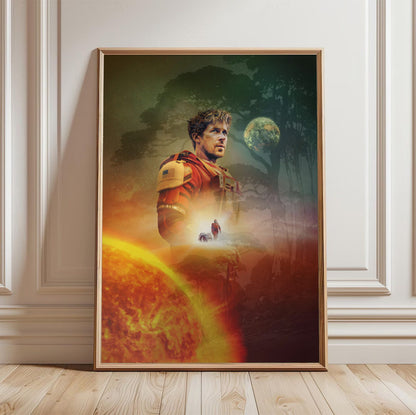 Project Hail Mary (2026) Movie Key Art poster in a light oak frame leaning against a white wall