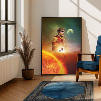 Project Hail Mary (2026) Movie Key Art poster framed beside a blue armchair in a sunlit room