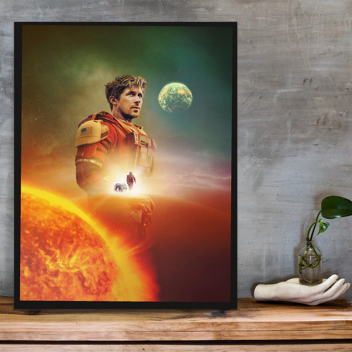Project Hail Mary (2026) Movie Key Art poster in a black frame on a wooden shelf against concrete