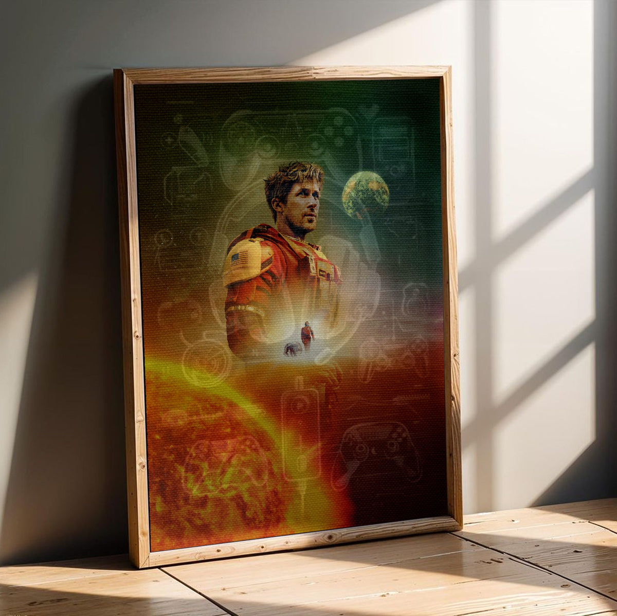 Project Hail Mary (2026) Movie Key Art poster in an oak frame leaning on a wooden floor