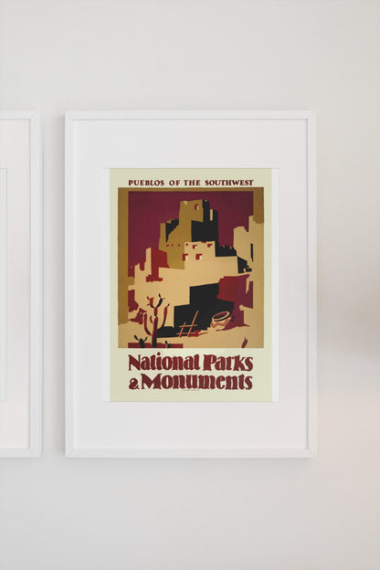 Pueblos of the Southwest National Parks poster on a light wall