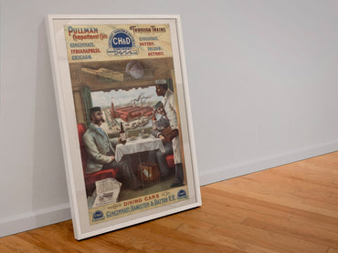 Pullman Dining Car — CH&D Railroad poster in a white frame leaning against a wall