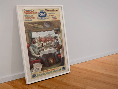 Pullman Dining Car — CH&D Railroad poster in a white frame leaning against a wall