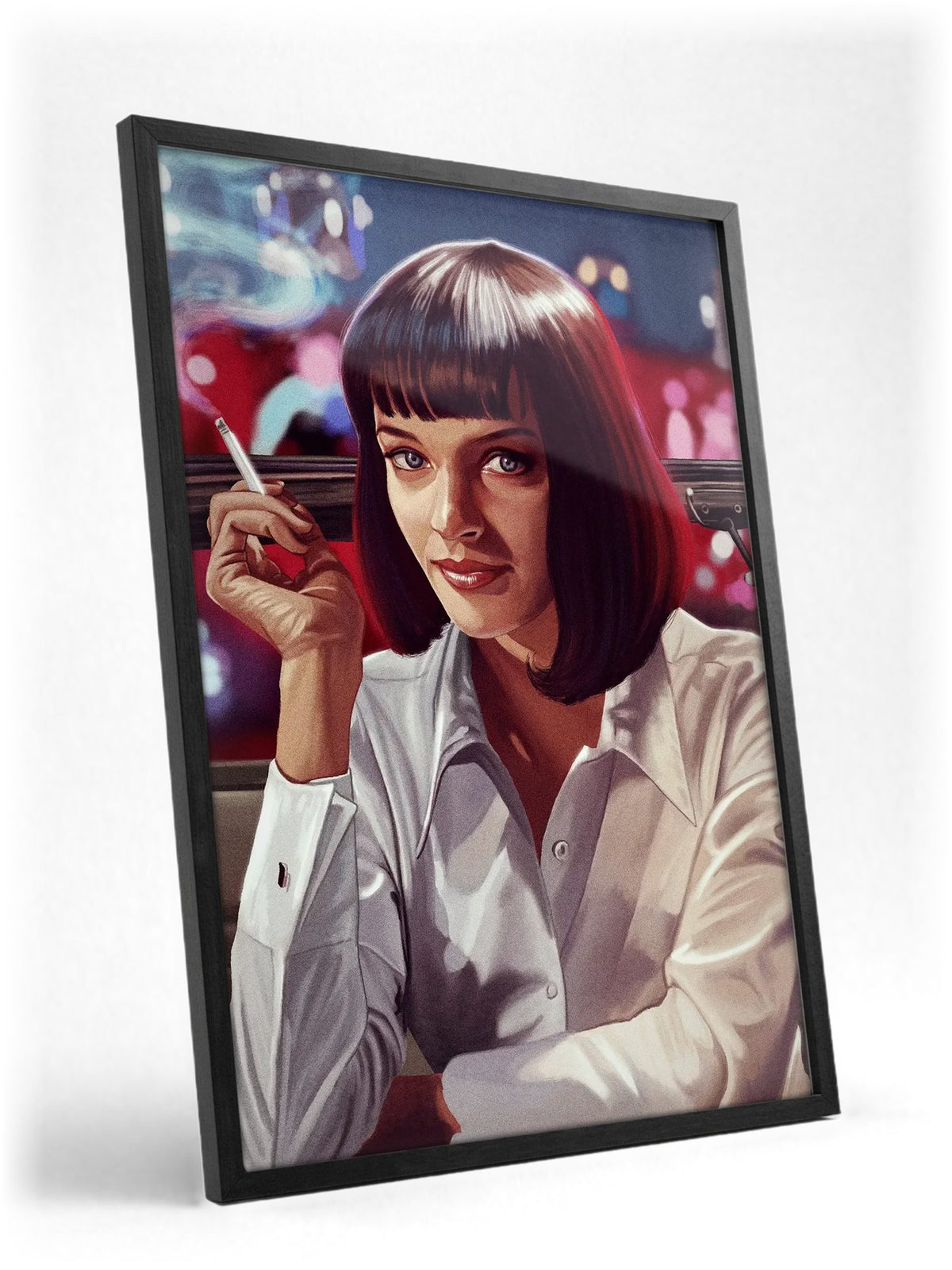 Pulp Fiction (1994) Movie Mia Wallace Painted Art poster in a black frame with glass leaning against a wall