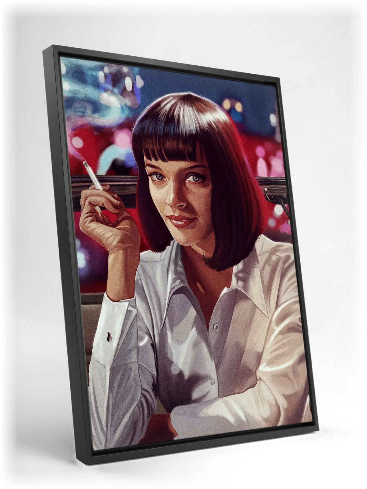 Pulp Fiction (1994) Movie Mia Wallace Painted Art as a black floater framed canvas leaning against a wall