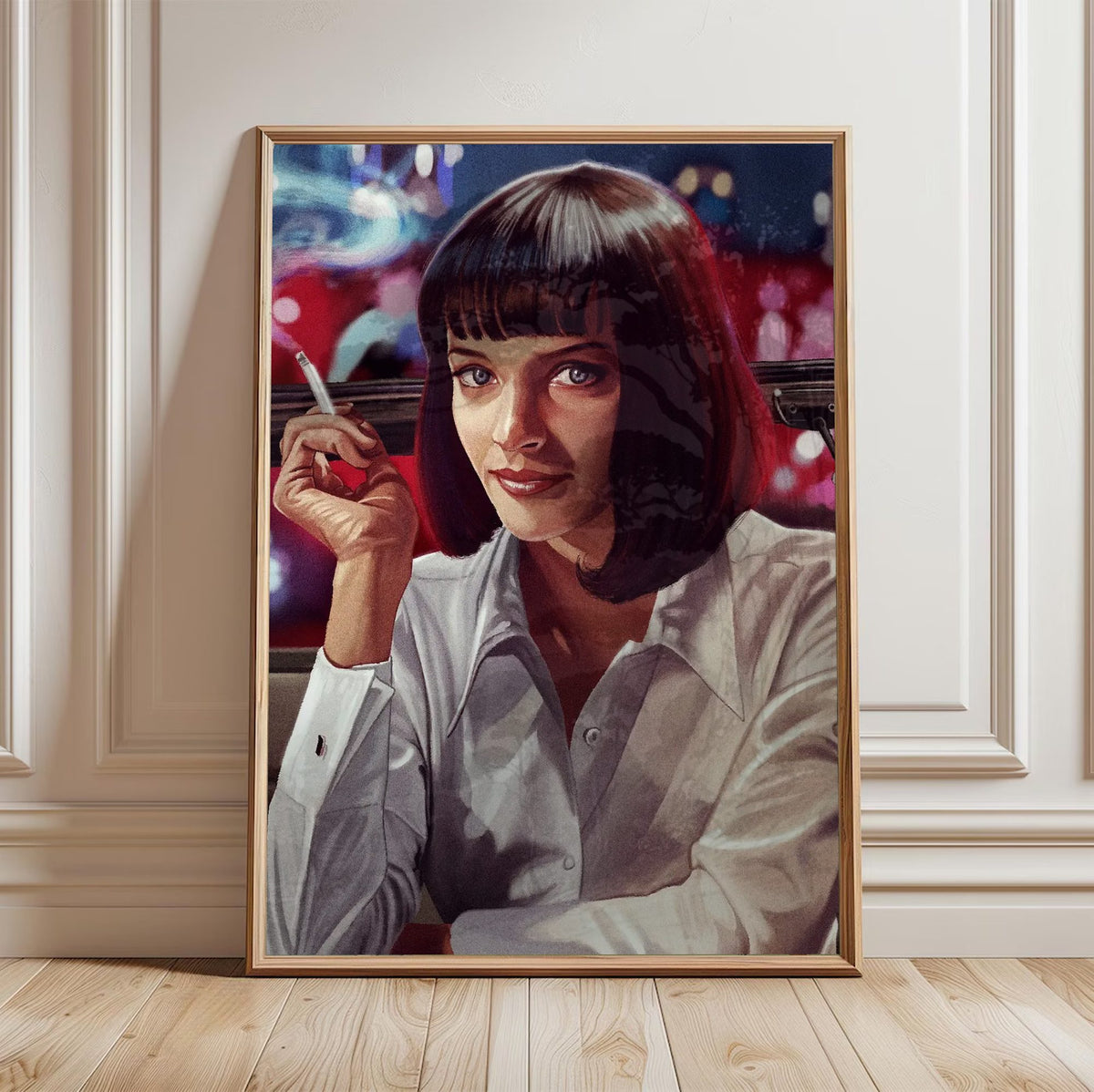 Pulp Fiction (1994) Movie Mia Wallace Painted Art poster in a light oak frame leaning against a white wall