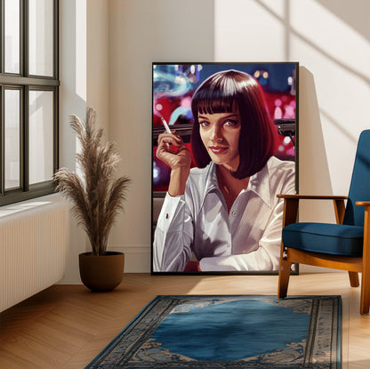 Pulp Fiction (1994) Movie Mia Wallace Painted Art poster framed beside a blue armchair in a sunlit room