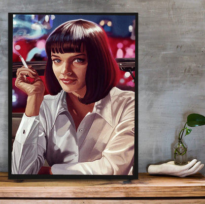 Pulp Fiction (1994) Movie Mia Wallace Painted Art poster in a black frame on a wooden shelf against concrete