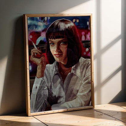 Pulp Fiction (1994) Movie Mia Wallace Painted Art poster in an oak frame leaning on a wooden floor
