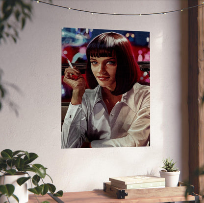 Pulp Fiction (1994) Movie Mia Wallace Painted Art poster unframed on a white wall above a desk