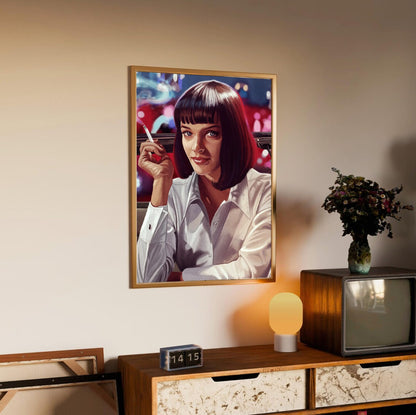 Pulp Fiction (1994) Movie Mia Wallace Painted Art poster in an oak frame above a sideboard