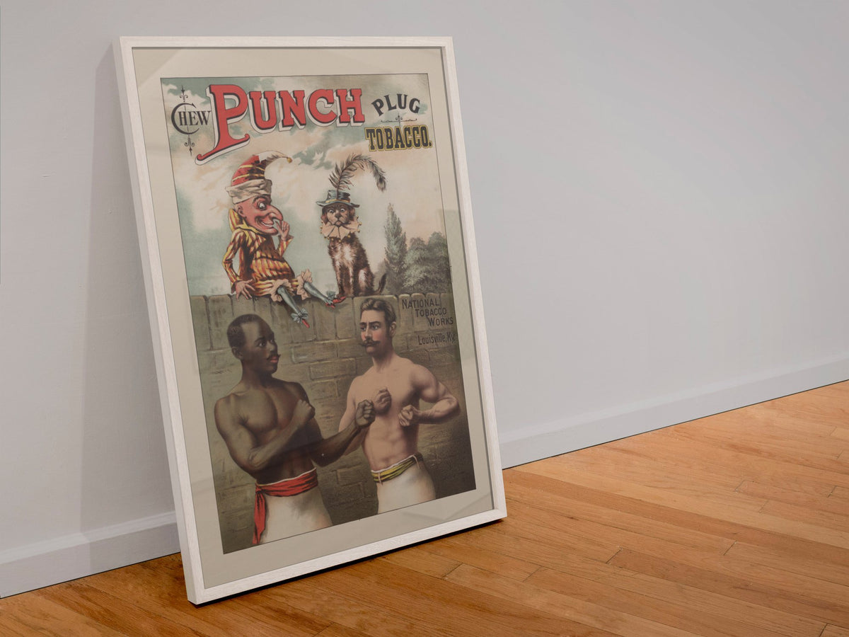 Punch Plug Tobacco Boxing poster in a white frame leaning against a wall