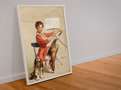 Puppy Love by Gil Elvgren, pin-up poster — leaning frame
