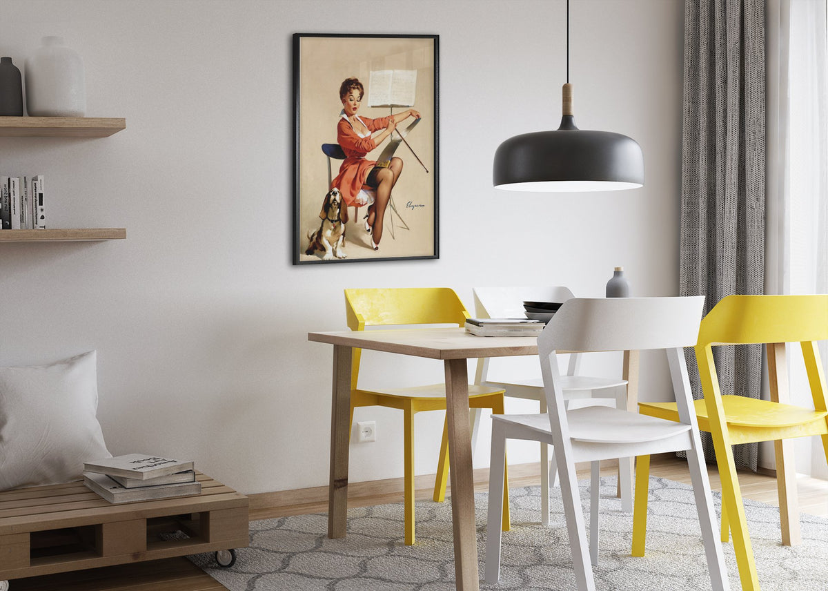 Puppy Love by Gil Elvgren, pin-up poster — dining room