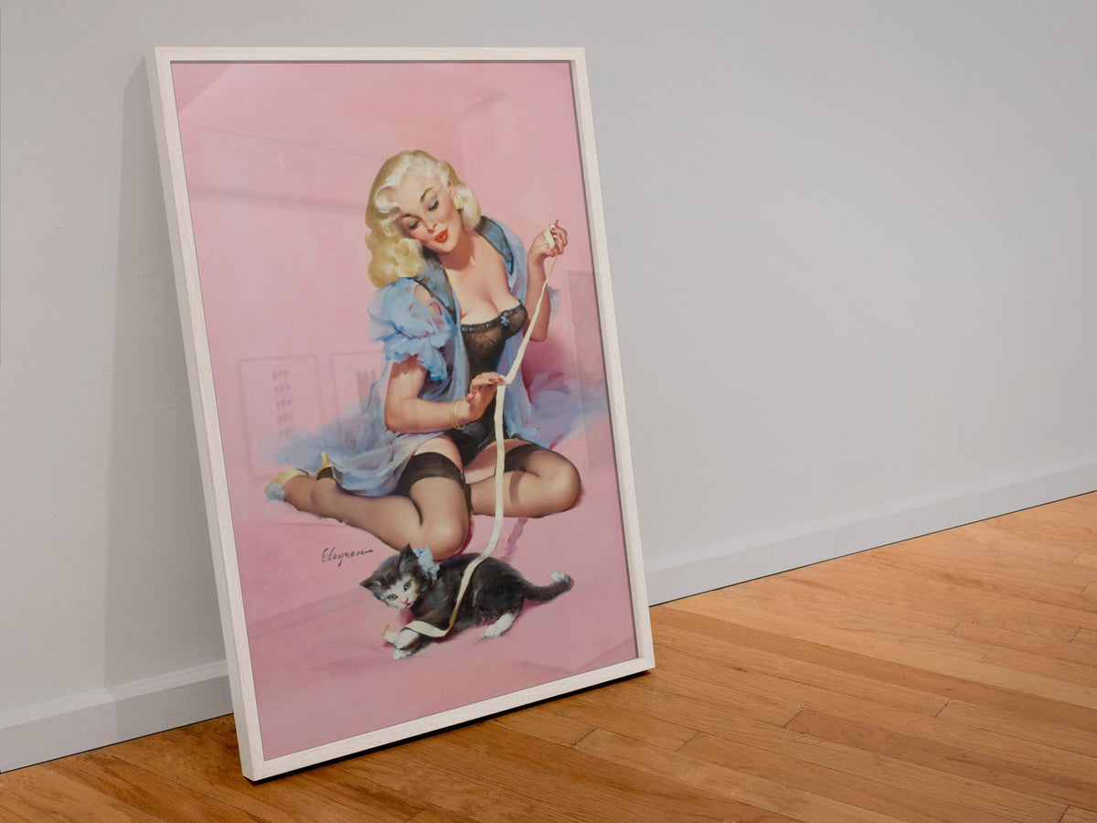 Purrrty Pair by Gil Elvgren, pin-up poster — leaning frame