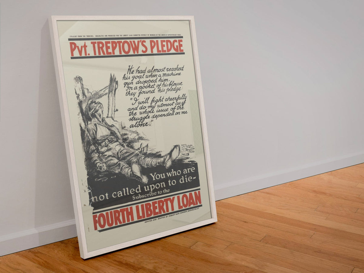 Pvt Treptows Pledge poster in a white frame leaning against a wall