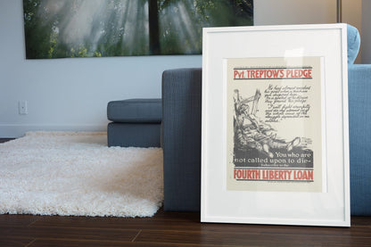 Pvt Treptows Pledge poster leaning beside a blue sofa