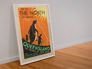 Queensland Penguins poster in a white frame leaning against a wall