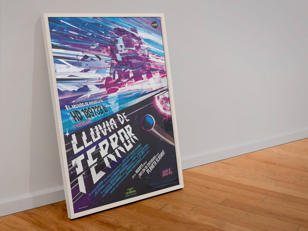 Rains of Terror, Lluvia de Terror Spanish edition poster in a white frame leaning against a wall