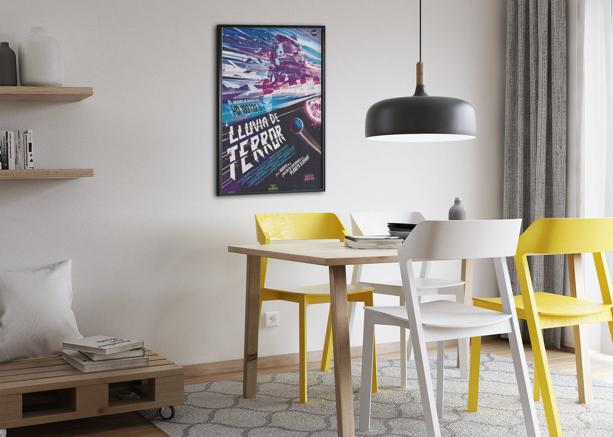 Rains of Terror, Lluvia de Terror Spanish edition poster framed above a dining table
