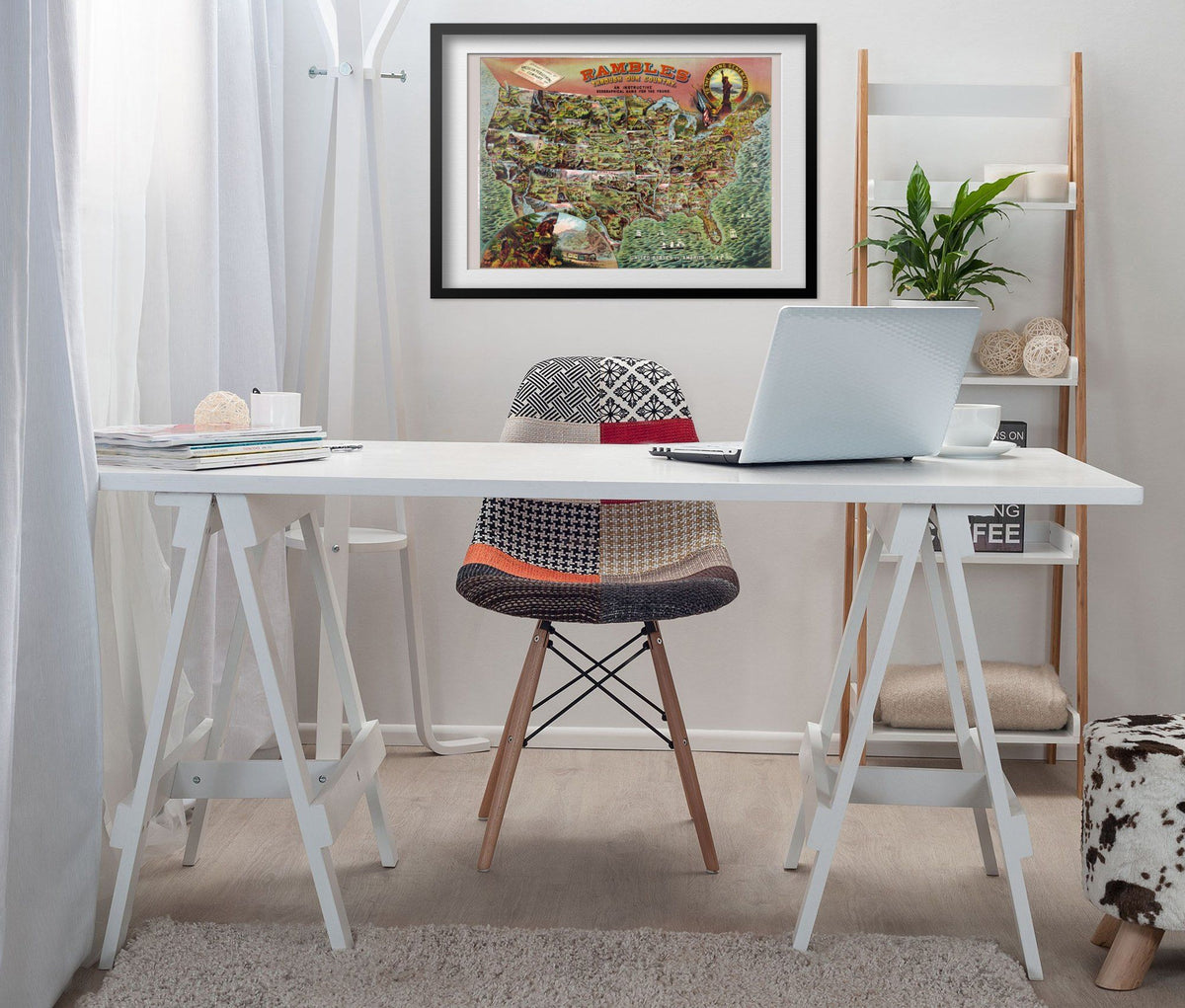 Rambles Through Our Country 1890 Map print framed above a white desk in a home office