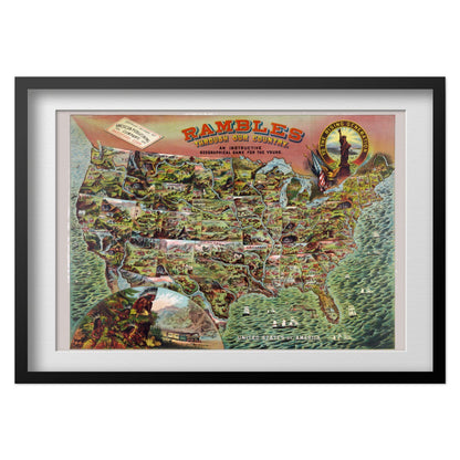 Rambles Through Our Country 1890 Map print in a black frame with a white mat