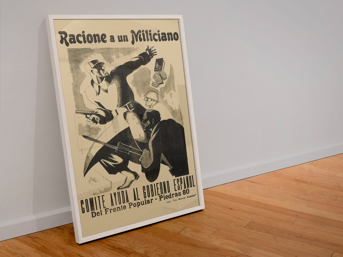 Ration a Militiaman poster in a white frame leaning against a wall