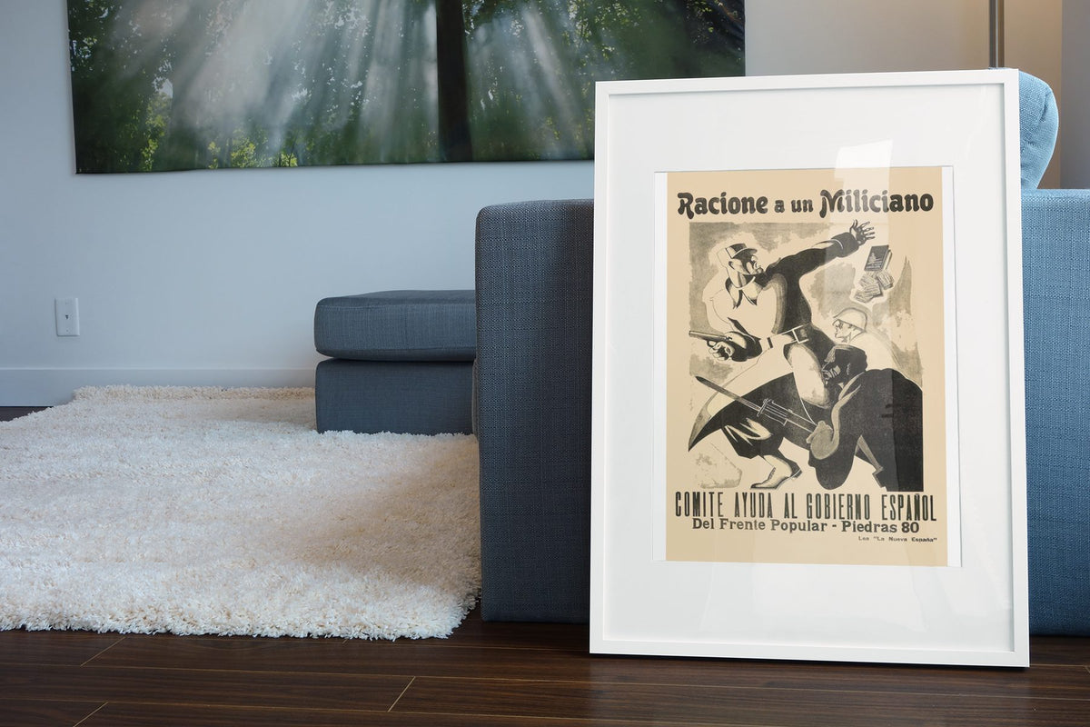 Ration a Militiaman poster leaning beside a blue sofa