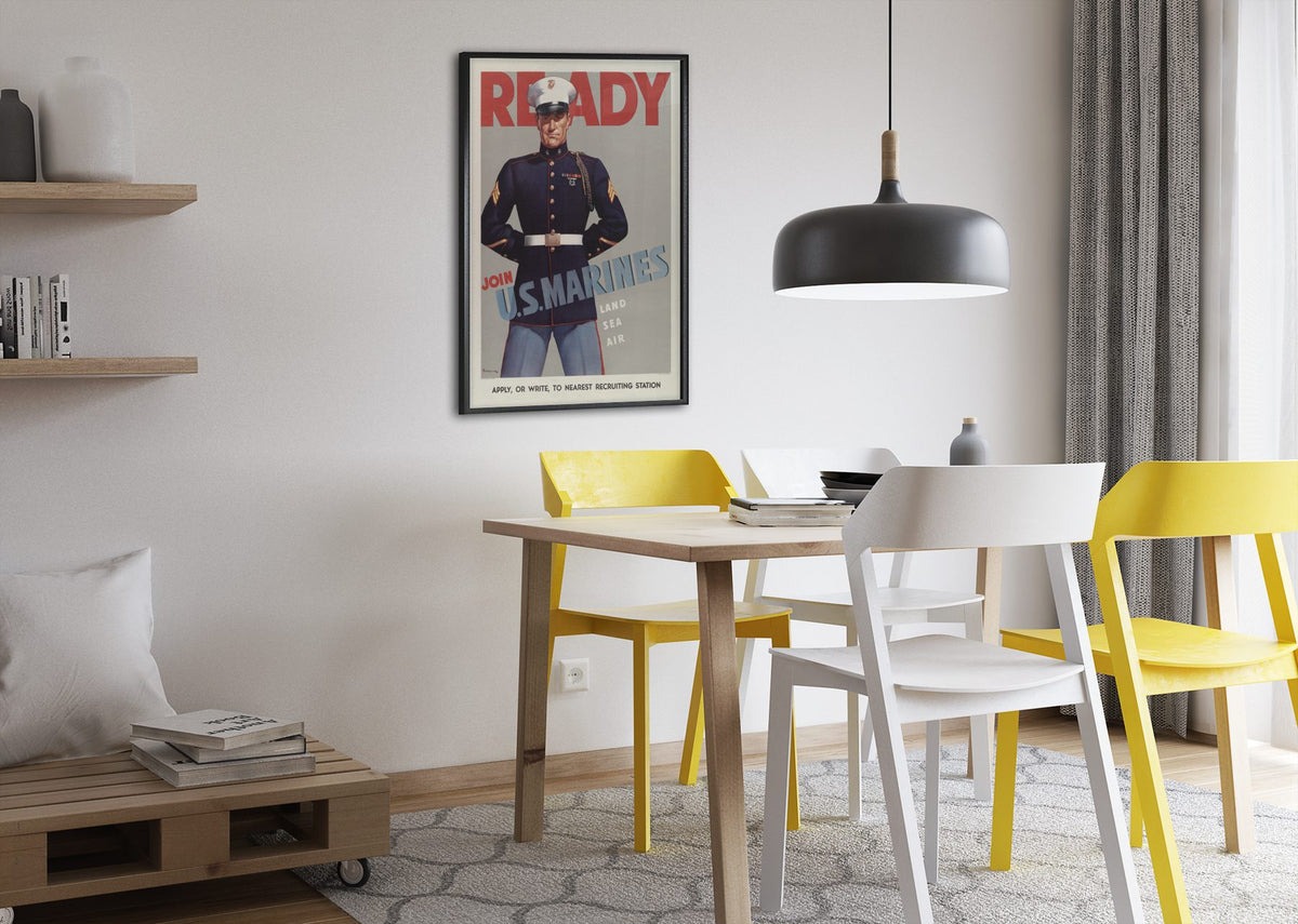 Ready Join US Marines poster framed above a dining table