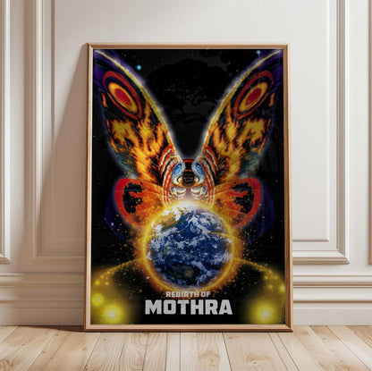 Rebirth of Mothra (1996) Movie Key Art poster in a light oak frame leaning against a white wall