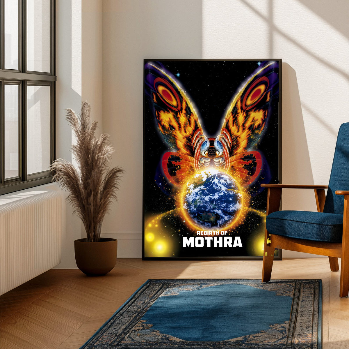 Rebirth of Mothra (1996) Movie Key Art poster framed beside a blue armchair in a sunlit room