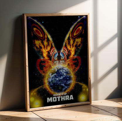 Rebirth of Mothra (1996) Movie Key Art poster in an oak frame leaning on a wooden floor